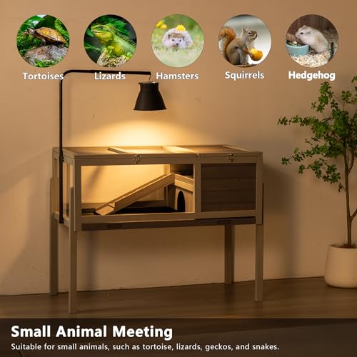 BIRASIL Wood Tortoise Enclosure with Adjustable Light Stand,2-Tier Habitat Reptile Cage with Feeding Area Swimming Area, Turtle House for Small Animals Lizards Hamster (Gray) - color: Gray