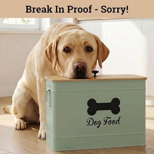 Metal Dog Food Container 15-20 lbs w/ Airtight Bamboo Lid, 70 Cup Capacity | Pet Jar For Dogs up to 100lbs, Airtight Bamboo Lid, Sturdy Comfortable Metal Handle, Powder Coated Iron, Kibble Storage Bin - color: Sage Green