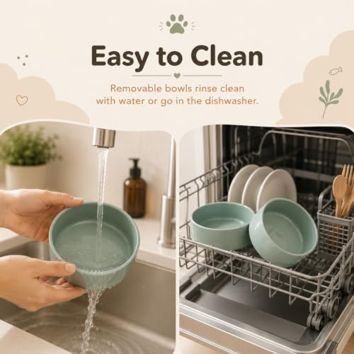 Havniva Raised Cat Bowl 5.1” Elevated Ceramic Cat Food and Water Bowl Set | Cat Bowls Elevated, Whisker Friendly Cat Bowl, Non-Slip Wood Stand, Food-Grade Ceramic, Wide Opening, Dishwasher Safe - color: 2 x Bowl + Stand - Light Green, size: 5.1inch