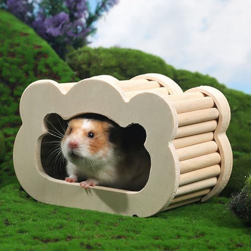 Hamster Hideout, Pine Wood Hamster House and Habitat with Door, Cute Shaped Small Pets Woodland House Habitats Decor for Dwarf Hamster, Gerbils, Degus, Small Animals