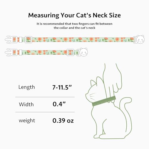2 Pack Cotton Cat Collar Beige and Green Flowers Cute Kitten Cat Collar | Breakaway Breathable Soft material With cute pendants with Bell - color: Beige&Green