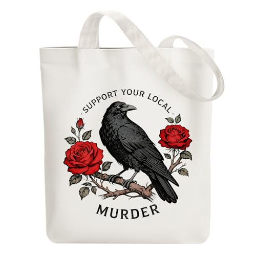ANATTASOUL Canvas Tote Bag Reusable Cotton Bag for Women, Large 14.96"x 15.74" Cloth Shoulder Bags with Zipper Pockets - style: Crows and Flowers