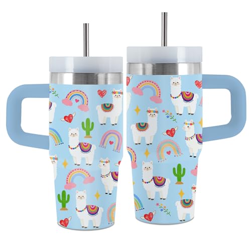 Rainbow Gifts, 14 Oz Tumbler with Handle & Straw for Rainbow Lover, Birthday Gift for Daughter Son, Vacuum Insulated Tumbler for Daughter, 1 PCS - color: Rainbow-Blue
