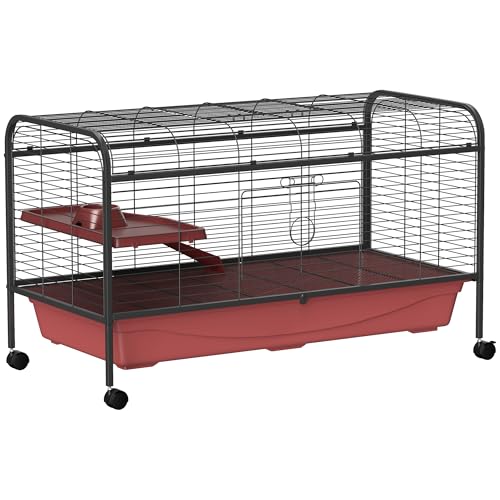 PawHut 48" L Small Animal Cage, Rabbit Hutch, or Ferret Pet Play House with Feeder, Rolling Wheels, Platform, Ramp | Ferret Pet Play House, Platform, Ramp - size: 48.0"L x 23.3"W x 28.8"H