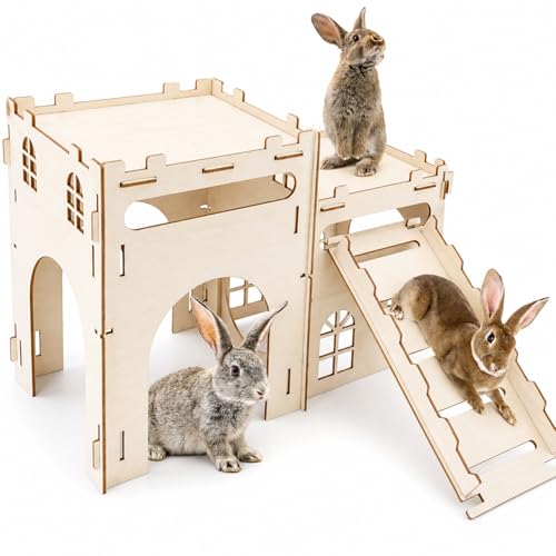 Rypet Large Wooden Rabbit Castle, Bunny Castle Hideout with Stairs | 2 Detachable Houses with Stairs, Breathable Bunny Indoor Playhouse, Quick Assembly, For Guinea Pigs, Chinchillas, Ferrets