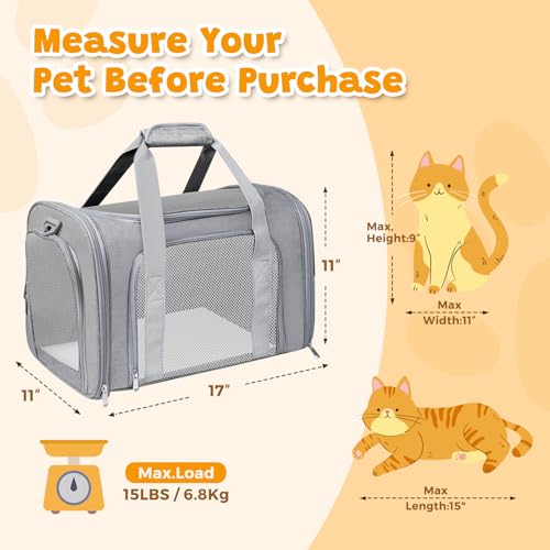 Cat Carrier Soft Up to 16 Lbs, Breathable Pet Travel Bag with Steel Frame | Lockable Zippers, Fits Small Dog, Kitten, and Rabbit,Medium Travel Carrying Case for Kennel Car Airline Transport，Grey - color: Grey, size: 17.0"L x 11.0"W x 11.0"H