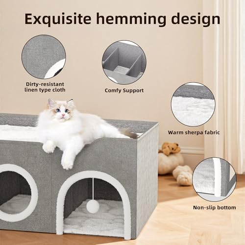 Top Bed Three Rooms Cat Condos,All-in-1 Extra-Wide Cat House for Indoor，Multi Cats Puppy Family, Large Cat Cave for Pet House with Fluffy Ball Hanging and Scratch Pad, Foldable Hideaway