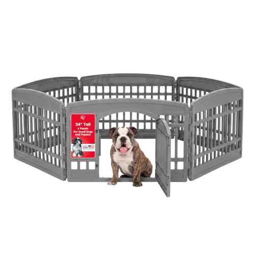 IRIS USA 6-Panel Dog Playpen with Door, Pet Enclosure, Gray | Heavy Duty Plastic, Multiple Pets, Indoor Outdoor, Portable, Foldable Design, Easy Assembly - color: Gray, size: 6 Panel - 24" H