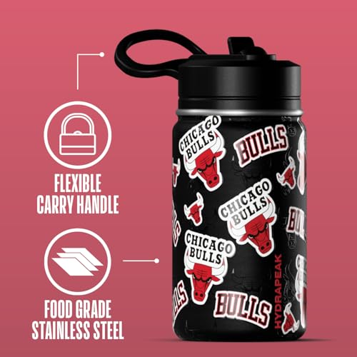 Hydrapeak NBA Officially Licensed Chicago Bulls Mini 14oz Kids Stainless Steel Water Bottle with Straw Lid & Flexible Handle, Double Wall Insulated, Spill Proof, Perfect for Back to School - color: Chicago Bulls