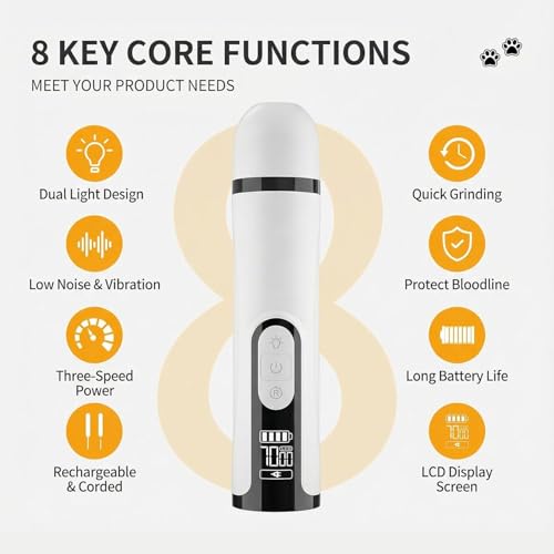 Silent Pet Nail Grinder Pro Dog and Cat Nail Trimmer with LED Light 3-Speed Low Noise Electric Pet Nail Trimmer Painless Paw Grooming Tool for Small Medium Large Dogs Cats, with 2 X Replacement Heads