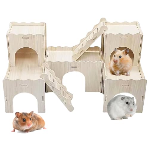 Large Wooden Hamster House Castle with Double Decker,Large Hamster, Wooden Hamster Houses,Dwarf Hamster Habitat Hideout with Climbing Ladder,Large Guinea Pig Castle Detachable Hideouts(c) - color: BrownC