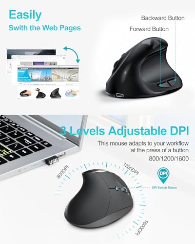 Lekvey Ergonomic Mouse, Rechargeable Wireless Mouse for Small Hands, Black | Design for Small & Medium Hands, 150H per Charge, 3 DPI (800-1600), 2.4G USB Wireless, Plug & Play, Wide Compatible