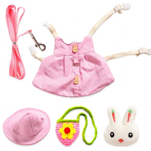 5PCS Rabbit Harness and Leash Set with Dress Hat Bag and Plush Charm for Baby Bunny Guinea Pig Chinchilla, Cute Pink Bunny Clothes Outfit,S,7034-07 - color: Pink, size: S Fits 1.1-2.2lb Baby Bunny Guinea Pig Chinchilla