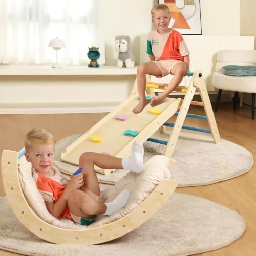 Pikler Triangle Set with Cushion, 7 in 1 Toddler Climbing Toys Indoor | Foldable Space-saving Design, Montessori-inspired Learning, Reversible Slide & Ramp, ASTM F963 Standards for Toddlers 18M-5Y - color: Rainbow