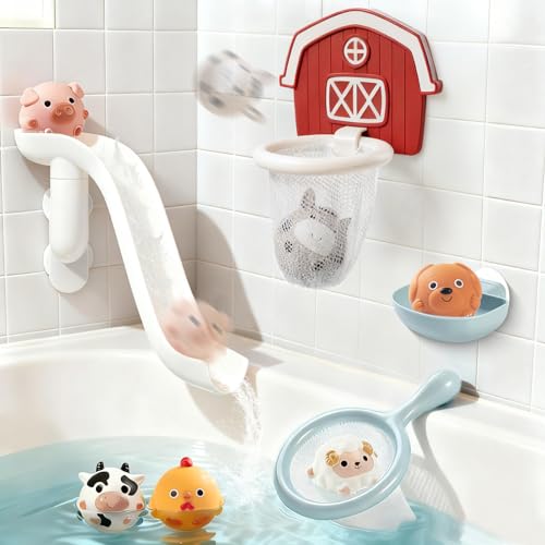 No-Hole Farm Animal Bath Toys for Kids Ages 1-3, Water Slide Toys | Bath Basketball Hoop, Fishing Net, Storage Bag, Toddlers Sealed Bathtub Toys, Shower Pool Play Set, Boys Girls Gifts