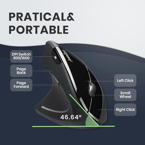 Perixx PERIMICE-713L, Wireless Ergonomic Left Handed Vertical Mouse, 6 Buttons Design, 3 Level DPI, Black, Medium - style: Wireless