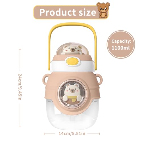 Water Bottle with Straw 37oz Kawaii Water Bottles with Adjustable Strap for Women,Teen Girl School Office Gifts,Cute Animal Theme Water Bottles - Brown Big Bear - color: Brown Big Bear