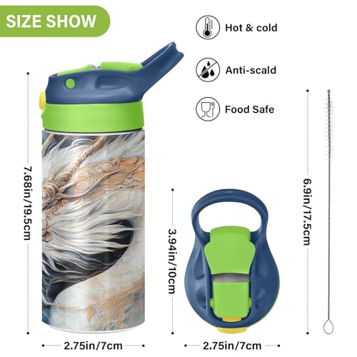 OTVEE White Dragon Kids Water Bottle with Straw Lid 12 oz Insulated Stainless Steel Leakproof Duck Mouth Tumbler Cup for Boys Girls Teen School - color: White Dragon
