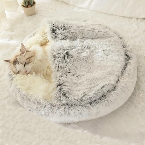 Cat Bed Round Fluffy Hooded Cat Bed Cave, Anti-Anxiety Cave Bed with Hooded Blanket, Cozy Cuddler Luxury Puppy Pet Bed, Anti-Slip Bottom and Machine Washable (Grey, Large) - color: Grey, size: Large