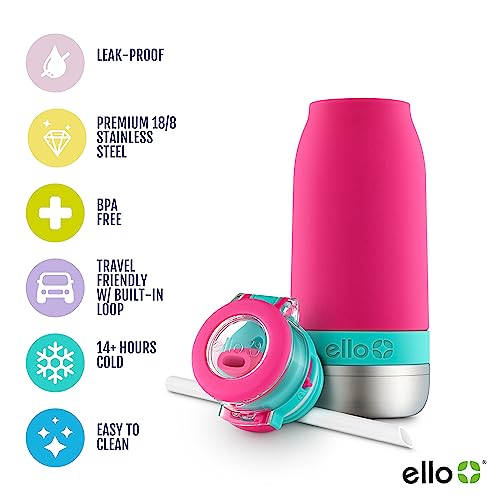 Ello Emma Vacuum Insulated Stainless Steel Water Bottle with Locking Leak Proof Lid and Soft Straw, BPA Free, Tropical Pink, 14oz - color: Tropic Pink