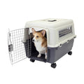 SportPet Airline Compliant MEDIUM 24.25" Travel Dog Kennel-Durable Plastic Airline Pet Carrier w/Removable Wheels & Food Bowls, Collapsible Indoor/Outdoor Dog Kennel, Dogs up to 23"L & 15"H-Cream/Gray - color: Cream/Gray