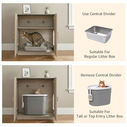 unipaws Tall Cat Litter Box Enclosure for Tall or Top Entry Litter Box | Hidden Litter Box Cover with Shelves, Kitty Enclosed Litter Box Cabinet, Cat Box Furniture - color: Weathered Grey