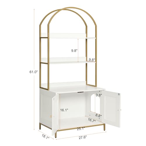 Homhedy Cat Litter Box Enclosure with 2-Tier Shelves, White and Gold | Litter Box Furniture Hidden, Indoor Cat House, Wooden Cat Washroom Furniture with Metal Frame, Modern Style - color: White and Gold