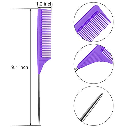 Leinuosen 3 Pack Rat Tail Comb Carbon Fiber,Purple | Steel Pin Tail for Sectioning, Heat Resistant Teasing, Pick Comb for Women Wig Styling, Fishtail Design for Salon Updos - color: Purple