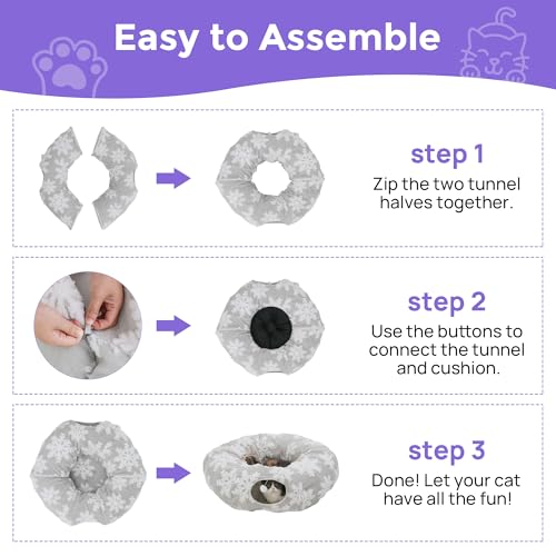Cat Tunnel with Bed – Soft Plush Peekaboo Donut Cave for Indoor Cats | Under Christmas Tree Hideaway & Multifunctional Playground Toy for Kittens, Rabbits, Ferrets (Short-Pile Fabric Snowflake) - color: Short-pile fabric Snowflake