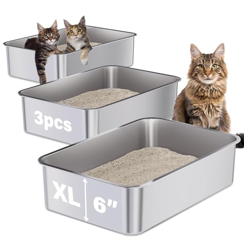 Stainless Steel Litter Box, XL Metal Litter Box 3 Pack | Extra Large Cat Litterbox 23.6" X 15.7" X 6" for Big Kitty, Multiple Cats, No Smell , Non Stick, Easy Cleaning - size: 3 Pack-X-Large (23.6"×15.7"×6")
