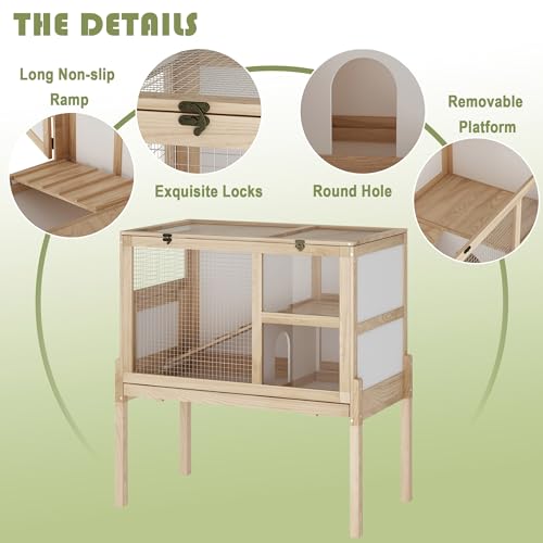 Timechee Guinea Pig House for 2 with Stand, Small Animals Rabbit Cages with a Pull Out Tray, Wooden 2 Stories Indoor Large Hamster Habitat Playpen with Ramp, Hideout, Platform