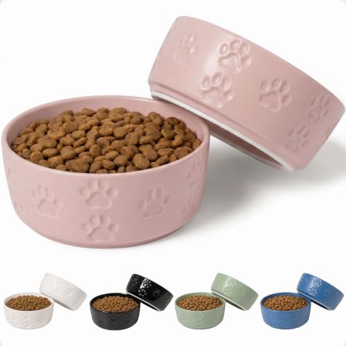 Ceramic Dog Bowl Set of 2 with Anti-Skid Base, 5.5"W x 2"H, 2 Cup Capacity | Thick Ceramic, Dishwasher Safe, Anti-Skid Rubber Base, 2 Cups per Bowl, Ceramic Food and Water Bowls Set of 2 for Small Dogs - color: Blush Pink, size: Small