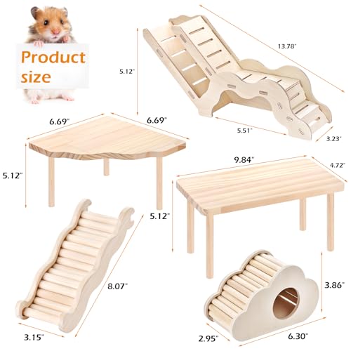 5-in-1 Wooden Hamster Toys Set Hamster House Hideout with Ladder Bridge Platform Table Climbing Ramp, Chew Toy for Syrian Dwarf Hamsters Gerbils Small Pets Cage Accessories Natural Wood Habitat Decor