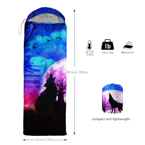 Galaxy Wolf Camping Sleeping Bags Warm & Cool Weather Waterproof Backpacking Blue Purple Starry Sky Sleeping Bag All Seasons Camping, for Adult Kids Boy Girls Camping Gear Equipment, Traveling - color: A-Wolf