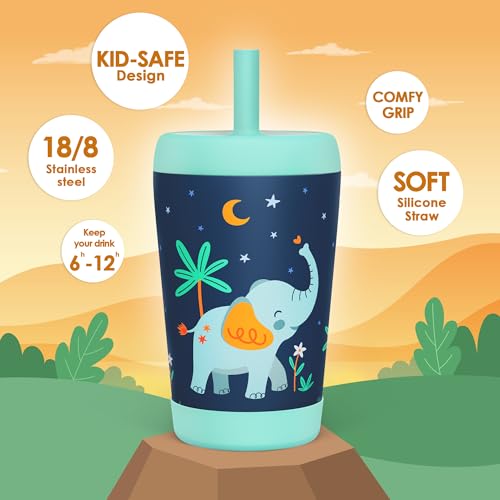 SANDJEST Kid Insulated Stainless Steel Tumbler with Silicone Straw, 12oz Sippy Cup for Kids (Dreamy Elephant) - color: Elephant 1