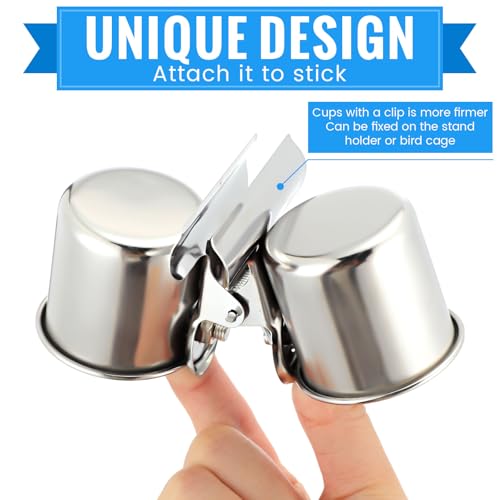 Tioncy 2 Pcs Clip on Water Bowl for Birds Parrot Feeding Double Cups Dishes Hanging Stainless Steel Food Water Bowls with Clip Pet Animal Feeder Cup Holder for Cage Coop Perches Play Stand Accessories
