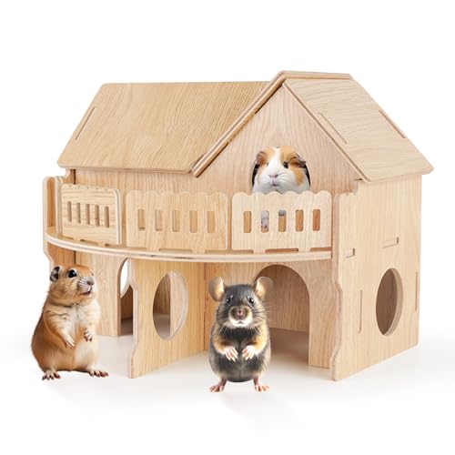 Wooden Hamster Cage, Hamster Habitat for Syrian, Dwarf Gerbils, Mice, Lemmings, Degus or Other Small Pets (13.3 x 11.1 x 10.6 inches) - size: 13.3 x 11.1 x 10.6 inches