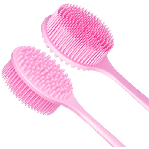 DNC Silicone Back Scrubber for Shower, Soft Bath Body Brush with Long Handle (Pink) - color: Pink