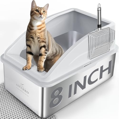 AIPERRO Stainless Steel Litter Box | XXL Deepened 8" Design Enclosed Box with Lid for Big Cats | High Sided, Anti-Urine Leakage | Non-Stick Bottom & Includes Litter Mat & Metal Scoop - color: Silver Grey, size: XX-Large