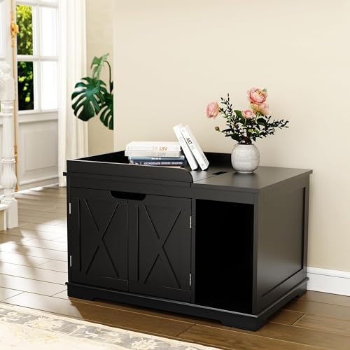 PUPETPO Cat Litter Box Enclosure Furniture, Hidden Litter Box Cabinet with Flip Top, 31.5" Indoor Cat House Washroom for Kitty, Medium and Large Cat, Black - color: Black
