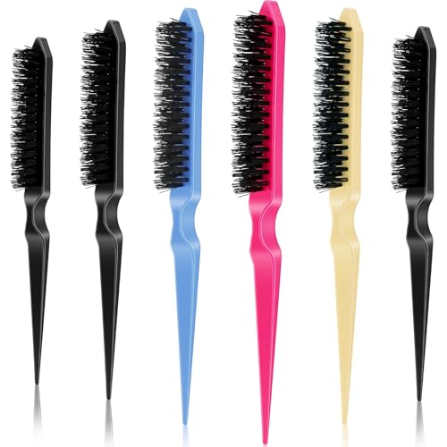 Yaomiao 6 Pcs Teasing Brush Set, 3 Row Nylon Rat Tail Combs for Fine Hair, Back Combing, Root Lifting, Scalp Massage, Hair Brushes for Women Salon Home Use(Black, Blue, Rose Red, Yellow) - color: Black, Blue, Rose Red, Yellow