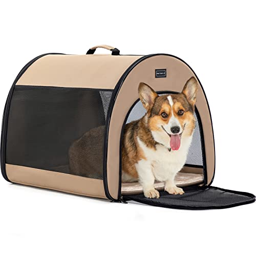 PETSFIT Soft Dog Crate, Dog Travel Crate - 26.5 Inch Lightweight, Roomy, Easy to Set Up, Portable Pop Up Dog Carrier with Thick Mat, Sturdy Soft Sided Dog Crate, Khaki - color: Khaki, size: 20.0"L x 20.0"W x 26.5"H