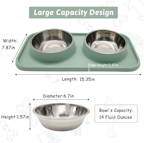 BNOSDM Double Dog Food Bowls Stainless Steel Dog Food and Water Bowls with Non-Spill Plastic Mat Pet Cat Feeder Bowl Set for Puppy Cats Kitten Small Medium Dogs Green - color: Green
