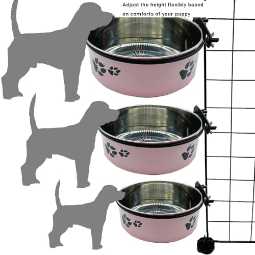 Dog Crate Food and Water Bowl 2Pcs Small Pet Hanging Kennel Removable Dish Feeding Cup No Spill with Holder for Medium Large Size Cat Puppy (Pink, 5.5''X2.3''&6.3‘’X2.5'') - color: pink