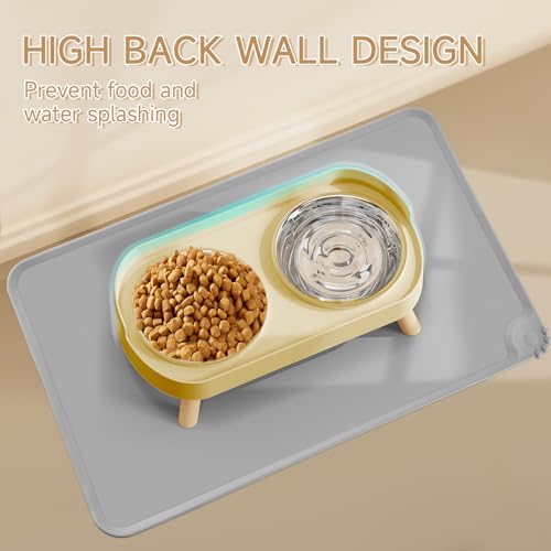 Elevated Cat Bowl with Food Mat, Raised Cat Food and Water Bowl Set for Indoor Cats, Splash Proof with 2 Stainless Steel Pet Food Bowls for Cat and Puppies,Whisker Fatigue and Dishwasher Safe (Yellow) - color: Cat Bowls with mat - yellow