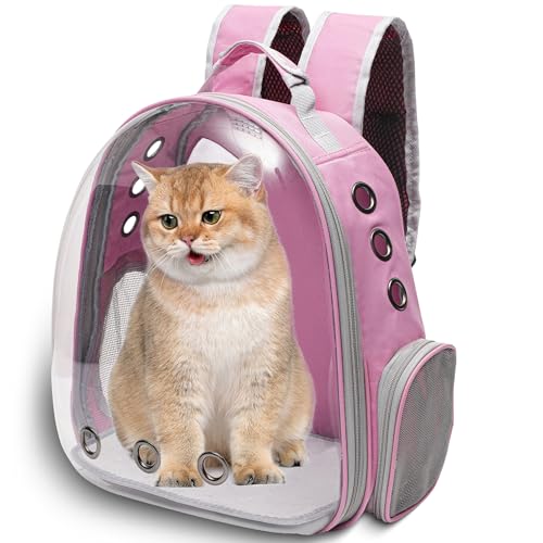Vivicreate Large Cat Backpack Carrier for Travel and Hiking Transparent Pet Bubble Backpack for Cats up to 20lbs with Ventilation and Padded Straps Mochila para Gatos transportadora mascotas (Pink)
