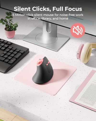 seenda MOU-302 Wireless Bluetooth Ergonomic Vertical Mouse with Volume Knob | Rechargeable 3-device mice for small/medium hands with quiet clicks, 1000/1600/2400 DPI for PC, laptop, MacBook, Black Pink - color: Black Pink