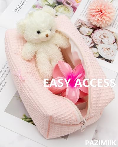 PAZIMIIK Cozy Makeup Bag for Women,Zipper Cosmetic Pouch,Waffle Pink | Soft Cosmetic Organizer for Makeup,Skincare,Toiletries,Daily Beauty Essentials,Purse,On-the-Go,Bridesmaid Gifts - color: Waffle Pink