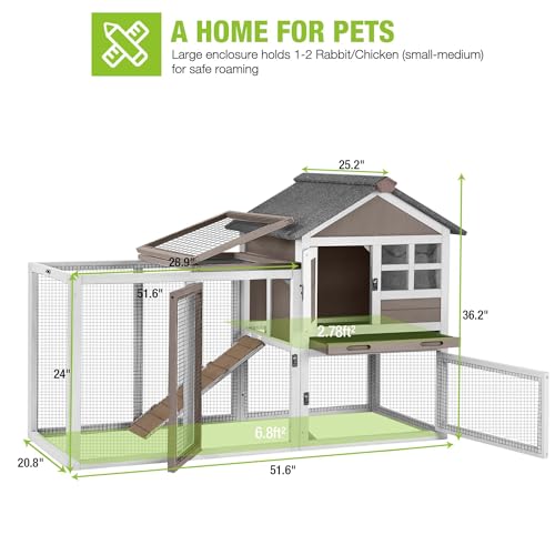 GUTINNEEN Outdoor Rabbit Hutch with Run 51.6" L, Indoor Wooden Bunny Cage with Pull-Out Tray, Easy-Clean Rabbit House for 1-2 Bunnies, Ideal for Kids, Also Used as Small Chicken Coop (Brown)