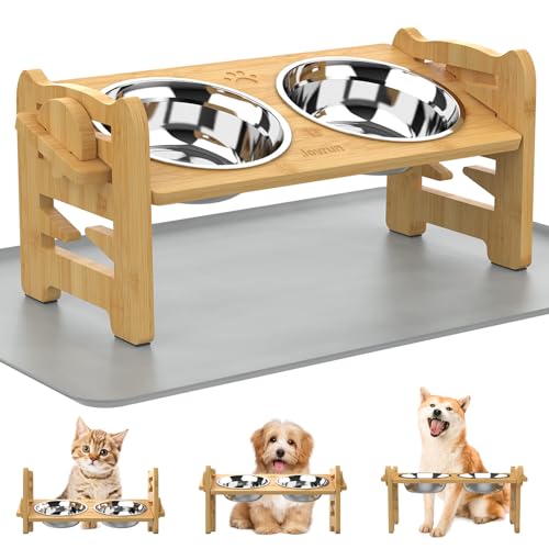 Jovrun Elevated Dog Bowls, Adjustable Raised Dog Bowl Stand for Small Size Dogs and Cats, Durable Bamboo Dogs Feeder with 2 Stainless Steel Bowls and Non-Slip Feet, Pet Food Bowl with Mat - color: Bamboo, size: 2″-7″For Small Dogs and Cats with Mat